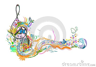 Abstract treble clef decorated with summer, autumn, winter and spring decorations: flowers, leaves, notes, birds. Vector Illustration